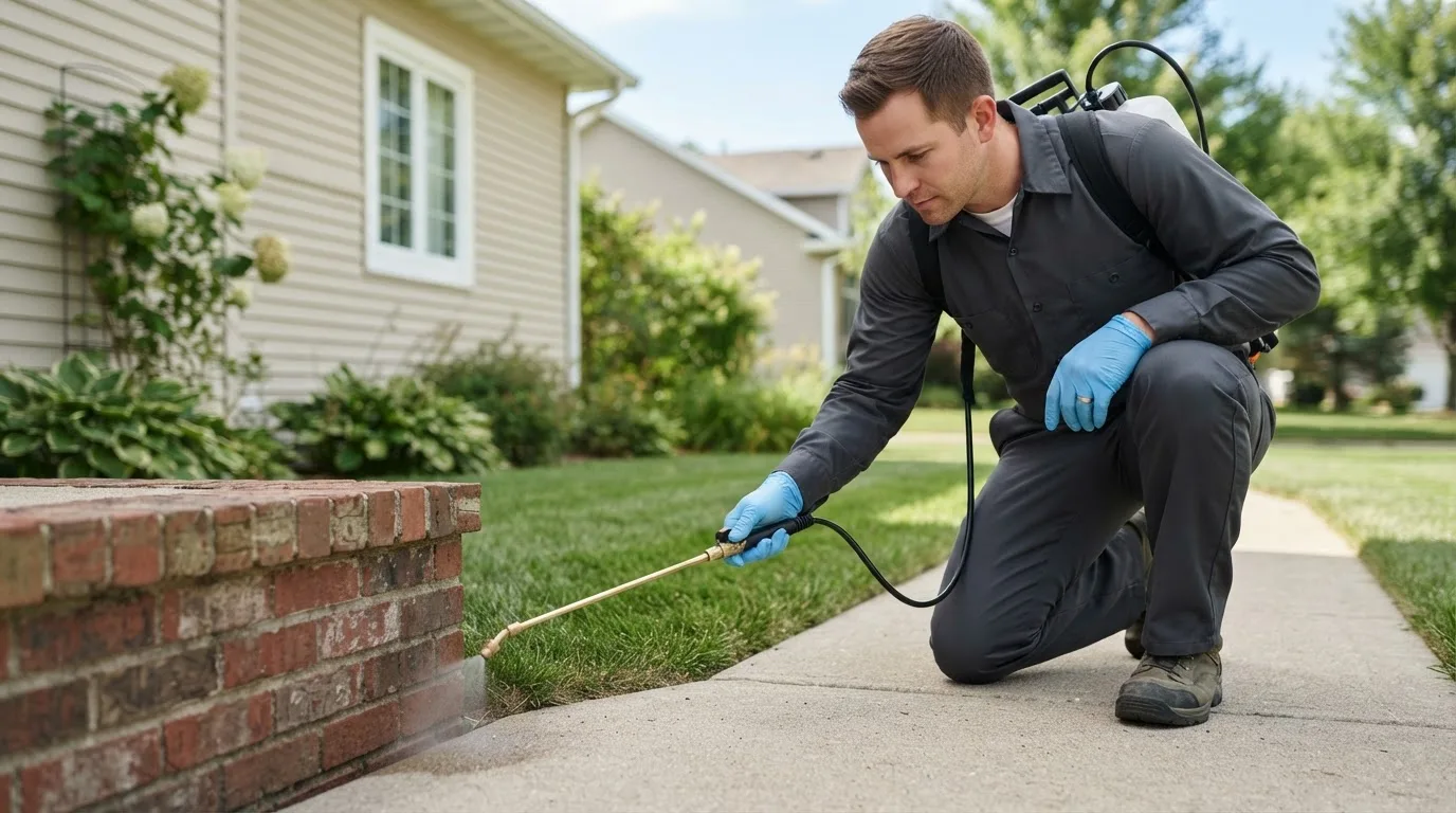 Pest control technician treating a home near Thornfield, MO