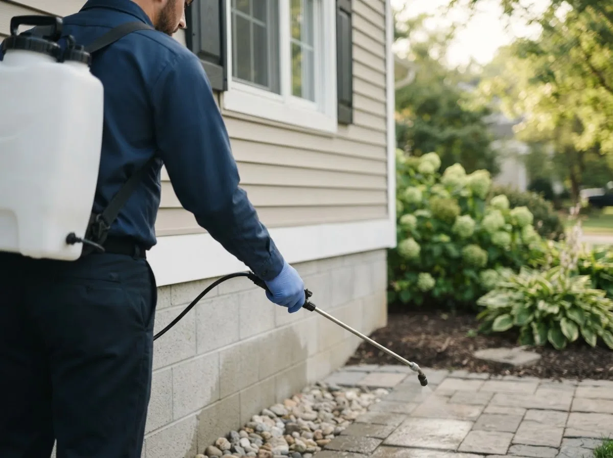 Pest control technician inspecting a home in Thornfield, MO